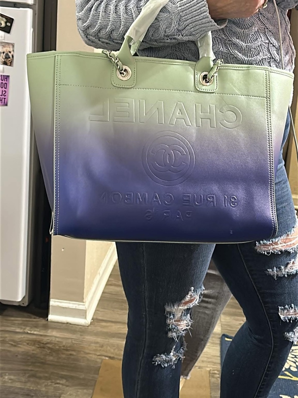 Ombre Leather Tote Bag in Green to Blue